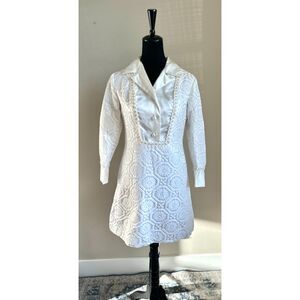 VINTAGE MISTER ROBERT 60's Mod Cream Satin Jacquard Mini Elopement Dress Size S